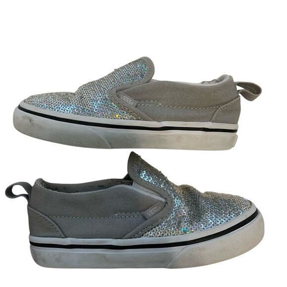 Vans Silver Sequin Velcro Slip Ons - Picture 2 of 10
